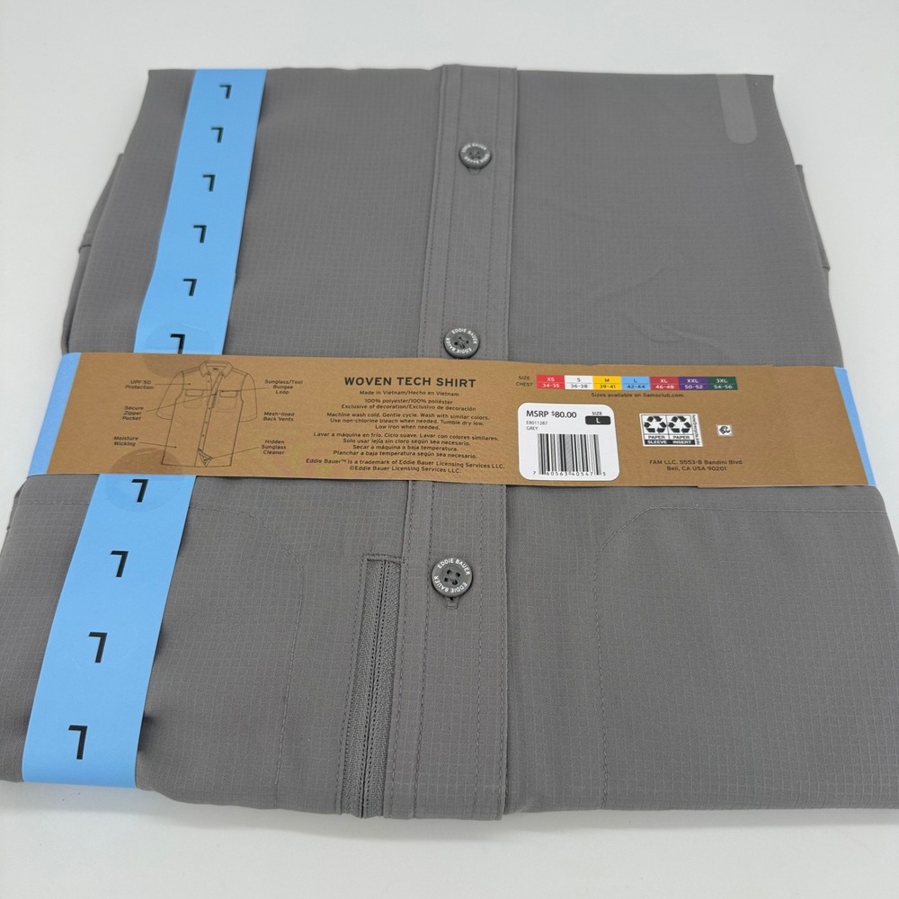 Eddie Bauer Mens Woven Tech Shirt Grey Short Sleeve UPF 50 Fishing Hiking LARGE - Picture 2 of 5